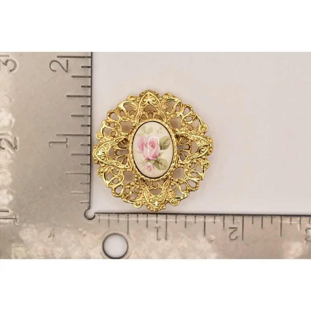 1928 Vintage Brooch Pin Rose Painted Cabochon Antiqued Gold Filigree 1980s BinBG